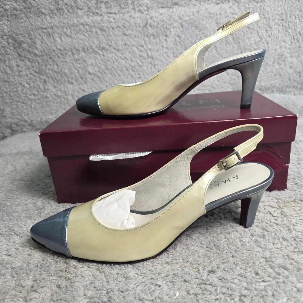 Amalfi by Rangoni Slingback Cap Toe Pearl Blue Italian Leather Heels 7.5M‎ NEW